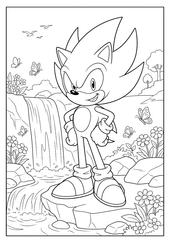 Free printable coloring page of Super Sonic standing proudly in a beautiful nature scene with a waterfall