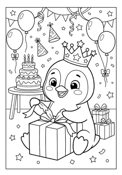 Cute penguin wearing a party crown opening a gift box at a birthday party with a cake balloons and confetti Penguin Coloring Pages