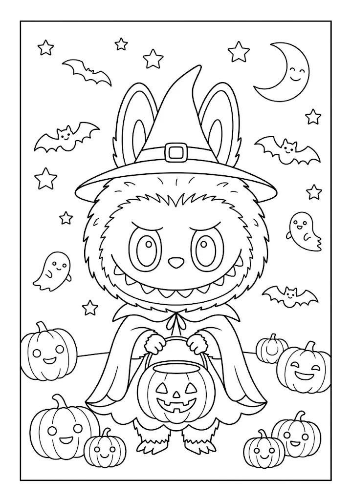 A festive monster character dressed in a witch hat holding a pumpkin in Labubu coloring pages