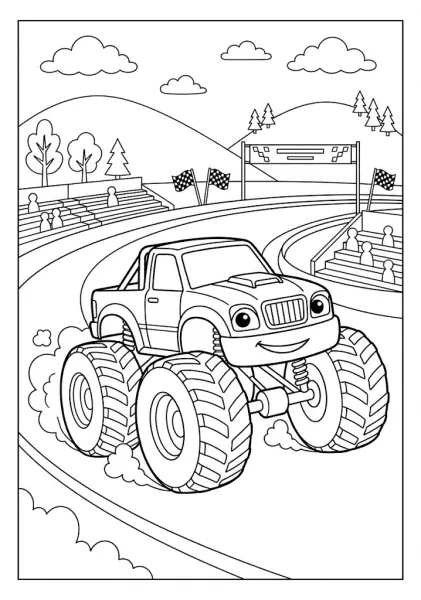 Monster truck speeding around a stadium race track with stadium seats and finish line Monster Truck Coloring Pages