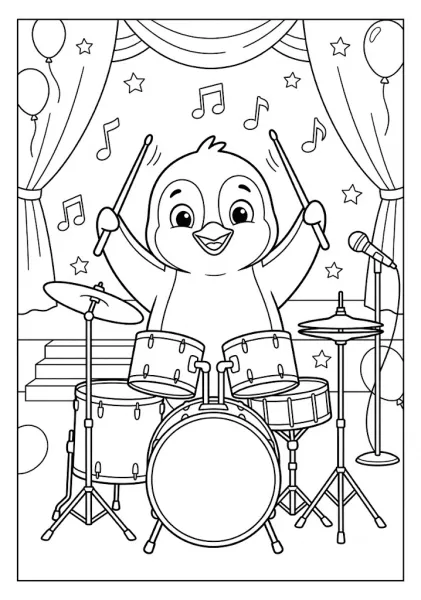 Cute penguin playing a drum kit on a stage with drumsticks musical notes balloons and curtains Penguin Coloring Pages