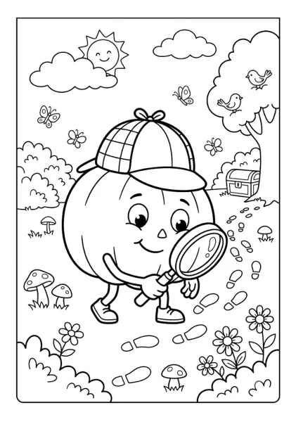 Cute pumpkin dressed as a detective wearing a plaid cap using a magnifying glass to inspect footprints in a park Pumpkin Coloring Pages