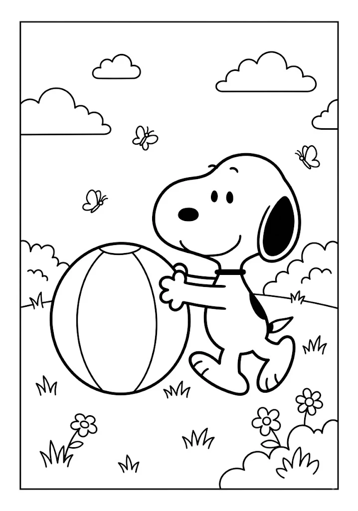 Snoopy holding a large striped beach ball in a grassy field with butterflies Snoopy Coloring Pages