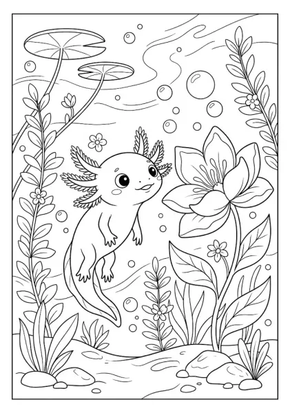 Cute axolotl swimming next to a large blooming underwater flower Axolotl Coloring Pages