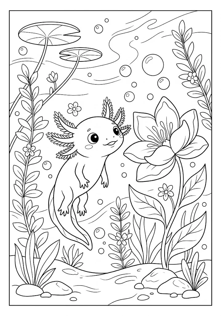 Cute axolotl swimming next to a large blooming underwater flower Axolotl Coloring Pages