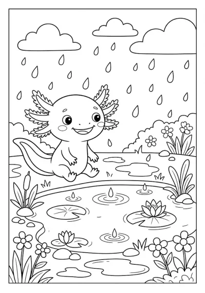 Cute axolotl sitting by a pond in the rain with raindrops falling and clouds Axolotl Coloring Pages