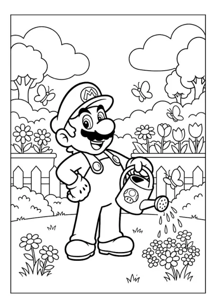Mario watering flowers in a garden using a mushroom pattern watering can Mario Coloring Pages Title: Mario Gardening Watering Flowers Mario Coloring Pages