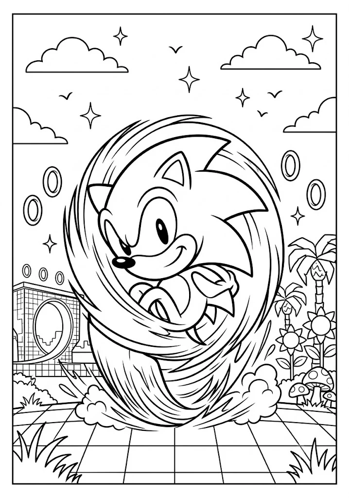 Sonic sitting happily on a wooden tree stump in a grassy field surrounded by mushrooms and flowers Sonic Coloring Pages
