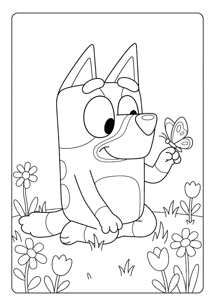Clean vector line art coloring page of Bluey gently watching a butterfly on her paw, surrounded by beautiful spring flowers