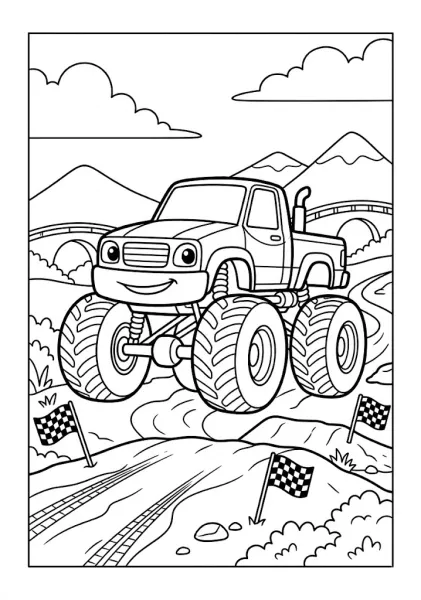 Monster truck driving on a dirt race track near checkered flags and mountains Monster Truck Coloring Pages