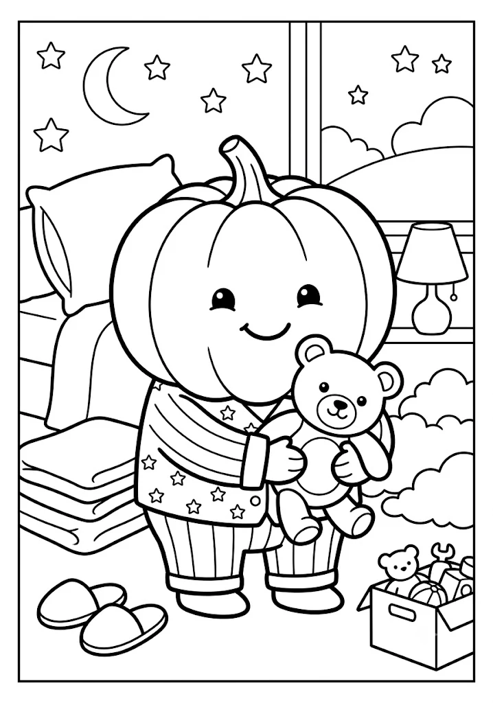 Cute pumpkin wearing cozy pajamas hugging a teddy bear inside a bedroom at night with stars, moon, and slippers Pumpkin Coloring Pages