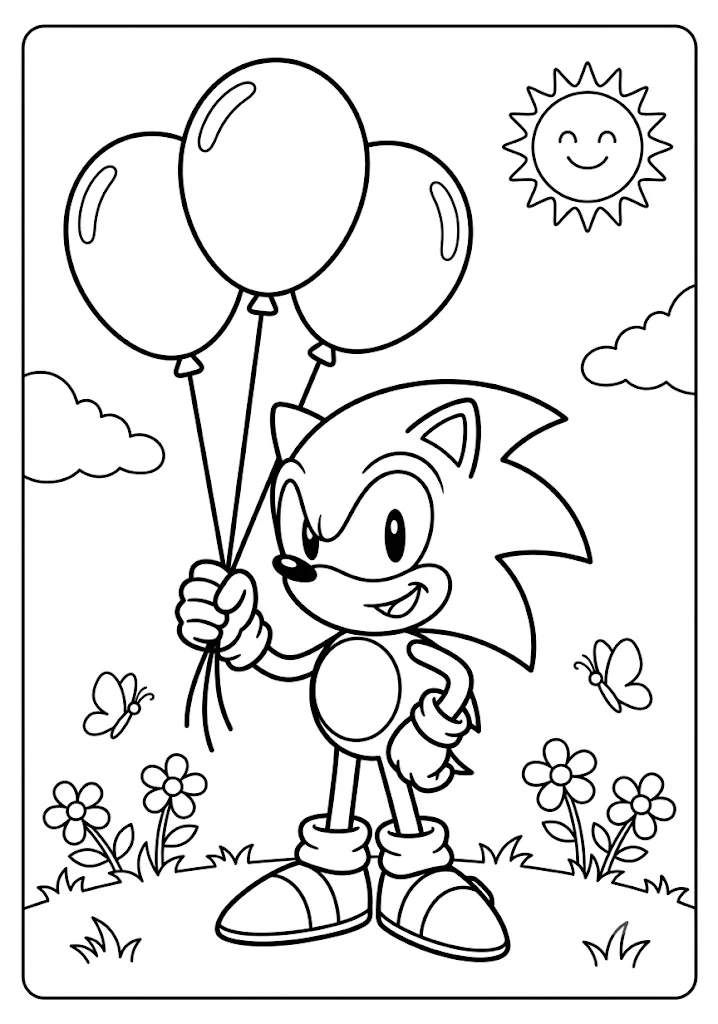 Sonic holding a bunch of party balloons in a grassy field with flowers and butterflies Sonic Coloring Pages