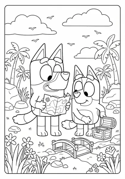 Bluey holding a treasure map next to Bingo opening a wooden treasure chest on a tropical beach
