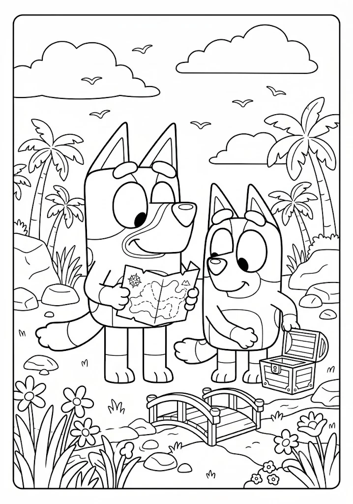 Bluey holding a treasure map next to Bingo opening a wooden treasure chest on a tropical beach