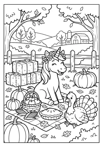 A cute unicorn and turkey having a Thanksgiving picnic on a farm with pumpkins, hay bales, and a pie