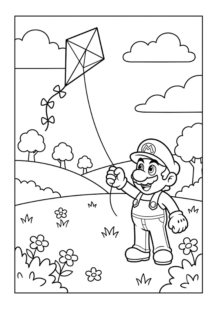 Mario flying a diamond kite in a grassy field with flowers and clouds Mario Coloring Pages
