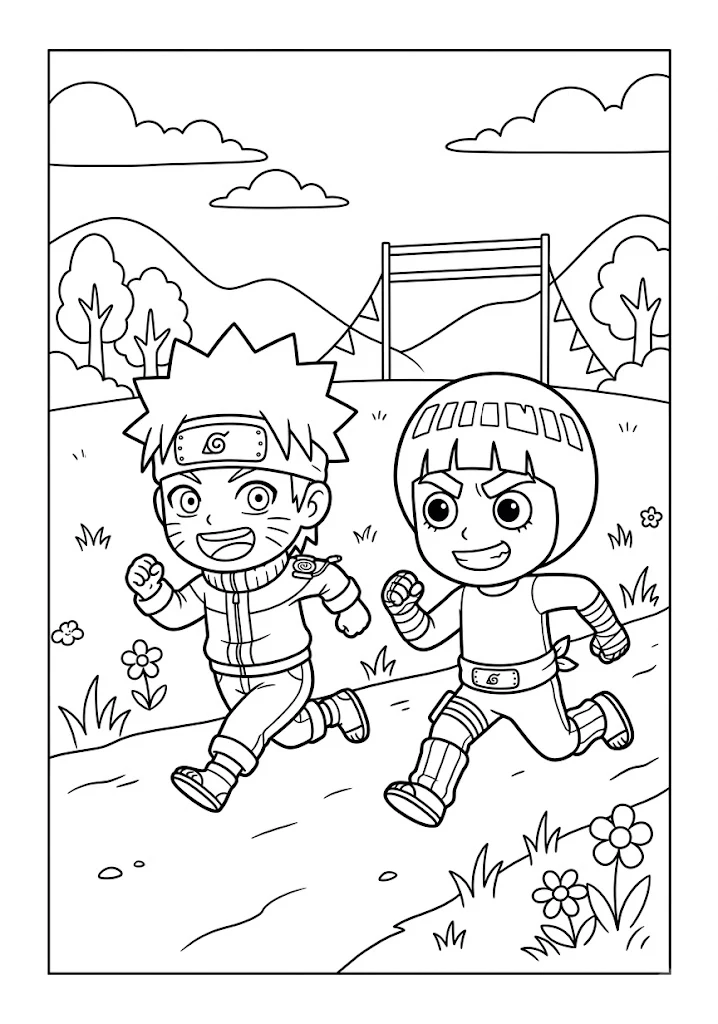 Cute chibi Naruto and Rock Lee running together along a dirt path outdoors coloring page