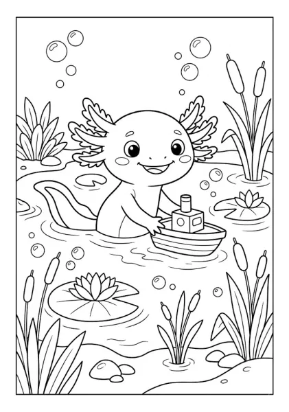 Cute axolotl sailing a toy wooden boat on a pond filled with water lilies Axolotl Coloring Pages