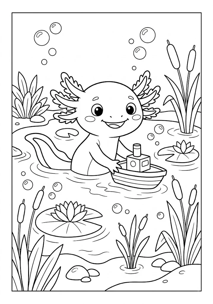 Cute axolotl sailing a toy wooden boat on a pond filled with water lilies Axolotl Coloring Pages