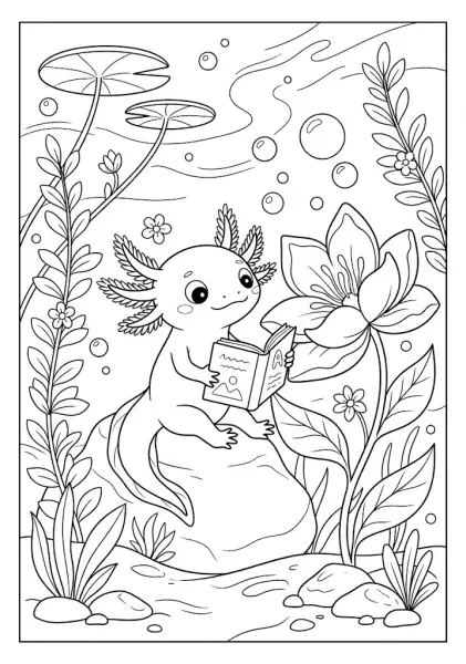Cute axolotl sitting on a rock underwater reading a picture book Axolotl Coloring Pages