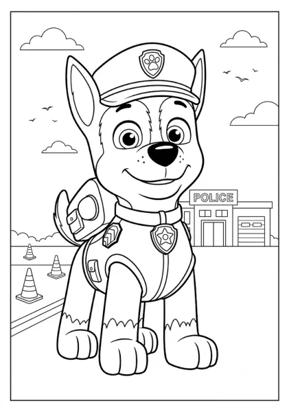 Simple line art of Chase standing ready on a road with cones the police station behind him