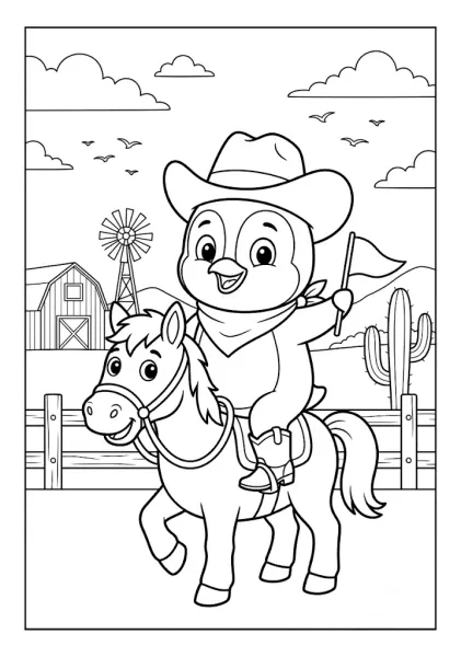 Cute penguin wearing a cowboy hat riding a horse on a farm with a barn windmill and cactus Penguin Coloring Pages