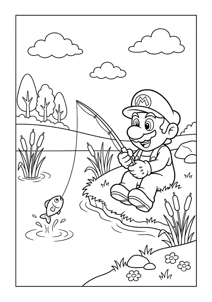 Mario fishing by the side of a pond catching a small fish Mario Coloring Pages