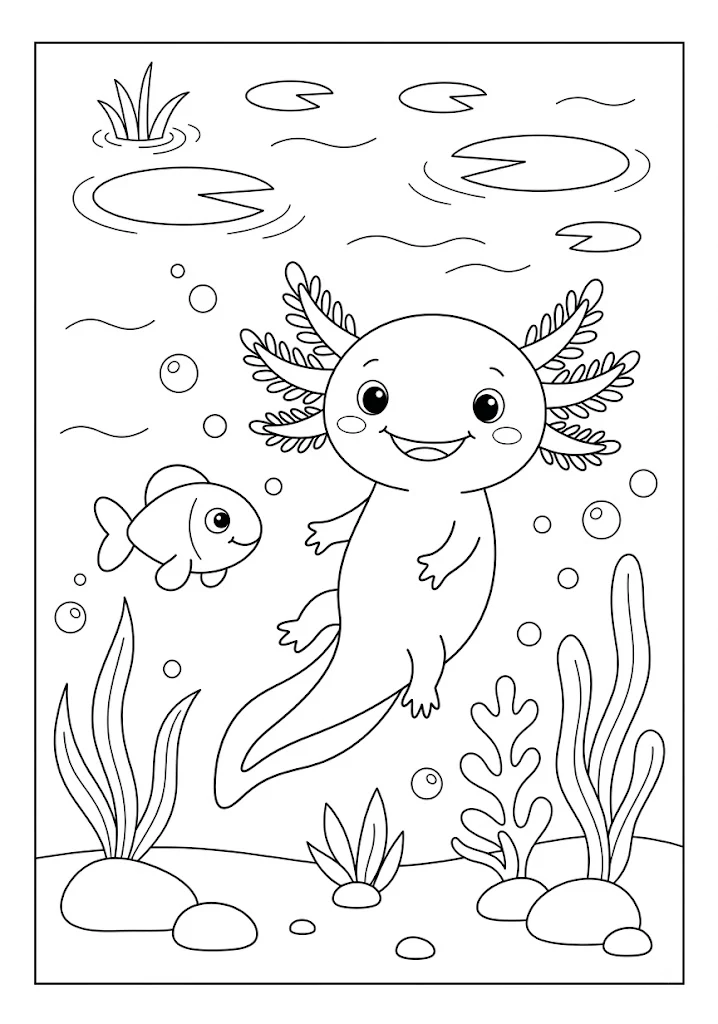 Cute axolotl swimming cheerfully alongside a friendly small fish underwater Axolotl Coloring Pages