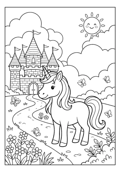 Black and white outline of a cute unicorn standing near a fairy tale castle and a winding path for kids