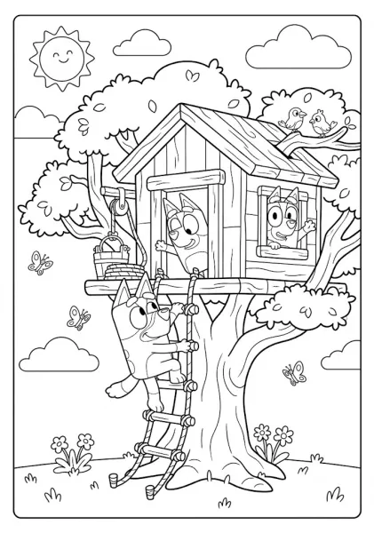 Bluey climbing a rope ladder into a cozy wooden treehouse while Bingo looks out the window