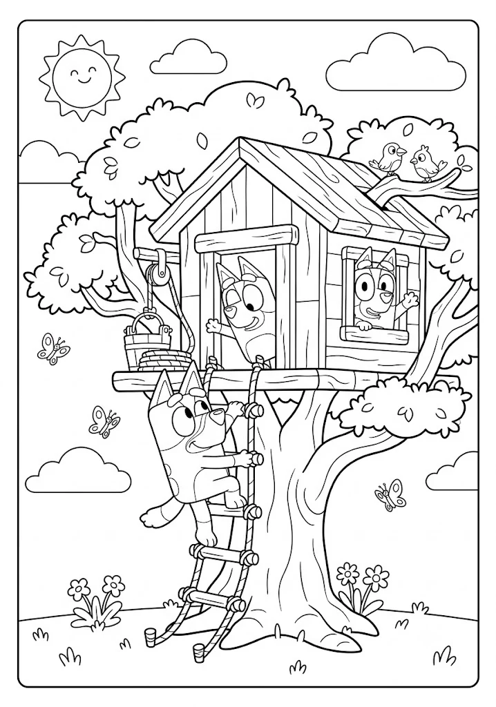 Bluey climbing a rope ladder into a cozy wooden treehouse while Bingo looks out the window