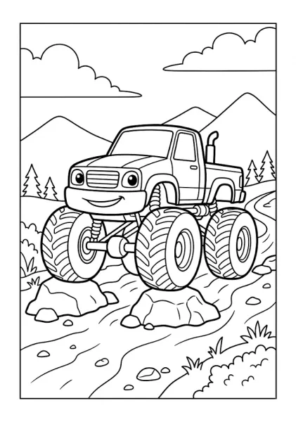 Monster truck driving over rocks on a mountain dirt trail Monster Truck Coloring Pages