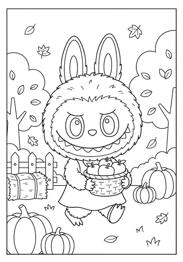 A cute monster character carrying a basket full of apples in autumn outdoor Labubu coloring pages