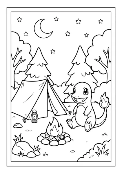 Cute Charmander sitting near a glowing campfire outside a camping tent under a starry night sky Pokemon Coloring Pages
