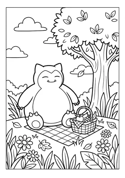 Cute Snorlax sitting on a checkered picnic mat under a tree near a fruit basket and flowers Pokemon Coloring Pages