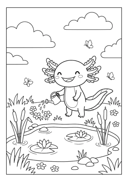 Cute axolotl holding a small watering can watering flowers near a pond with butterflies Axolotl Coloring Pages