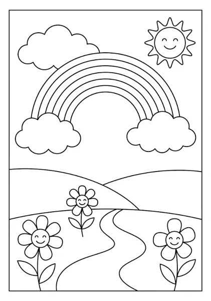 Simple line art coloring page of smiling flowers along a path with a happy sun and rainbow above