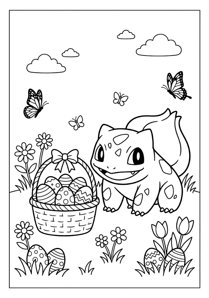 Cute Bulbasaur standing near a basket filled with decorated Easter eggs in a meadow with butterflies Pokemon Coloring Pages