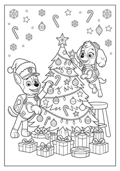 Chase and Skye decorating a Christmas tree with ornaments candy canes and gifts around it