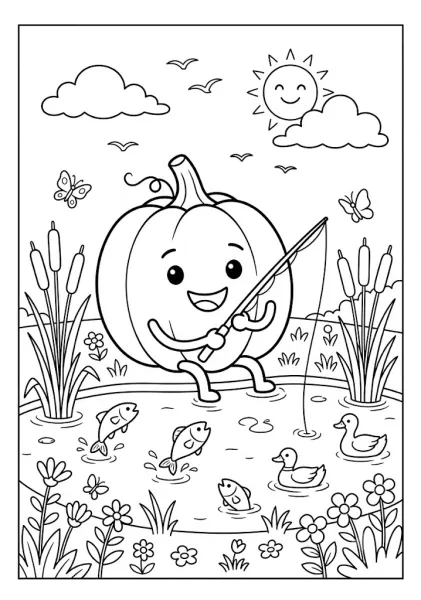 Cute pumpkin sitting by a pond holding a fishing rod catching fish with little ducks and butterflies nearby under a bright sun Pumpkin Coloring Pages