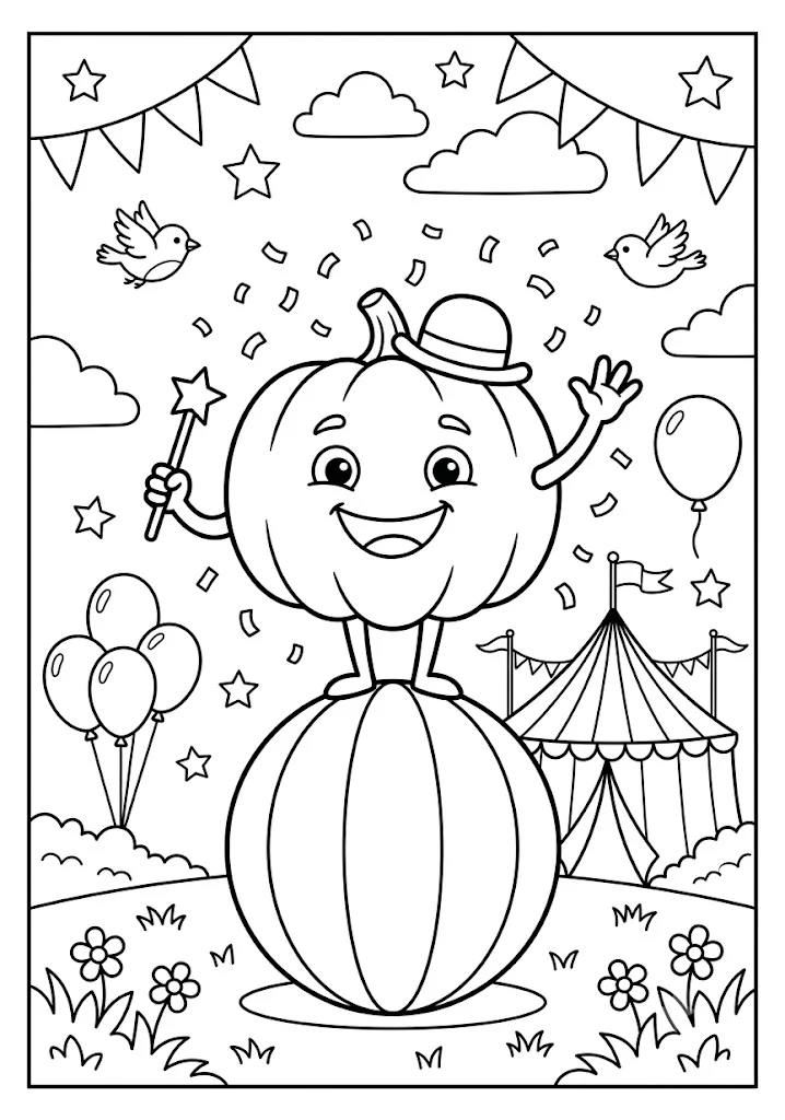 Step right up to the circus show A clever pumpkin performing balance tricks and magic near a circus tent makes a lively Pumpkin Coloring Page