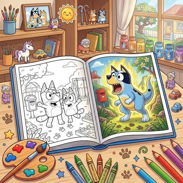 An open coloring book showing uncolored and colored pages of Bluey characters, surrounded by crayons, a paint palette, and small toys