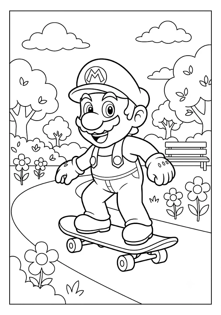 Mario riding a skateboard along a park path near flowers and trees Mario Coloring Pages