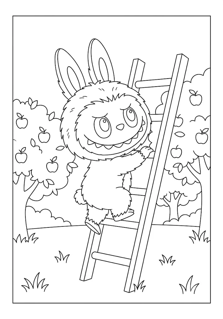 A cute monster character climbing a wooden ladder in an orchard in featured Labubu coloring pages