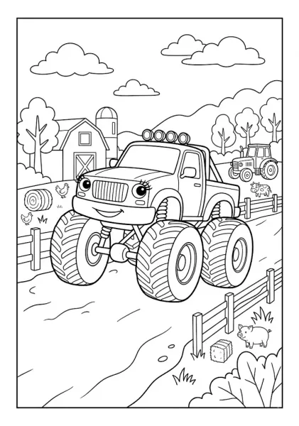 Cute monster truck on a farm road surrounded by farm animals and a barn Monster Truck Coloring Pages