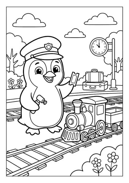 Cute penguin wearing a train conductor hat holding a ticket and signal light next to a mini steam train and tracks at a station Penguin Coloring Pages