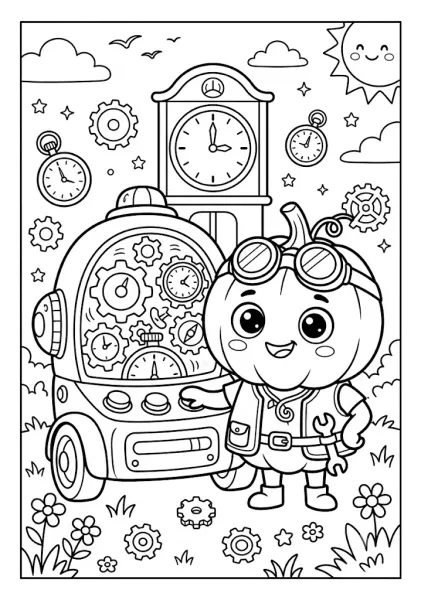 Cute pumpkin dressed as a scientist standing near a clock machine with gears and a grandfather clock Pumpkin Coloring Pages