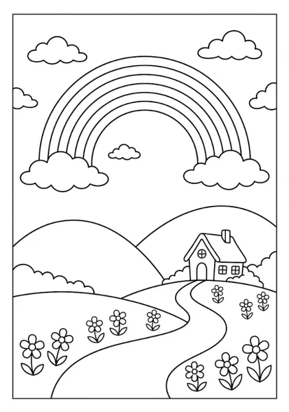 A simple black and white coloring page featuring a large rainbow in the sky over rolling hills a cozy small house and a winding path lined with flowers