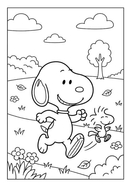 Snoopy and Woodstock running together along a path with falling leaves Snoopy Coloring Pages