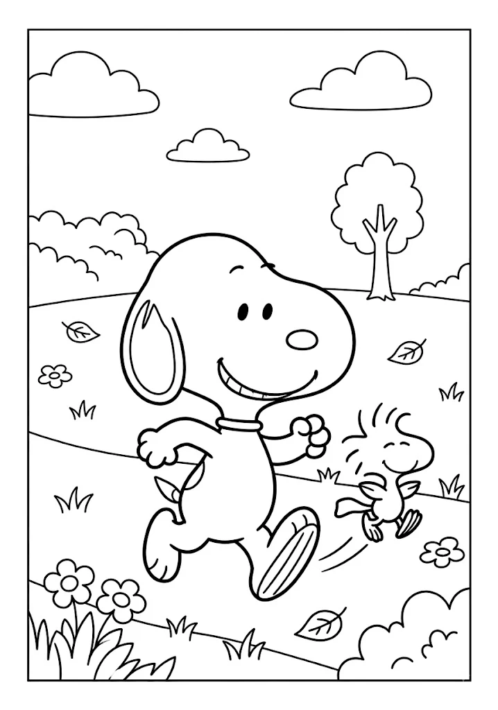 Snoopy and Woodstock running together along a path with falling leaves Snoopy Coloring Pages